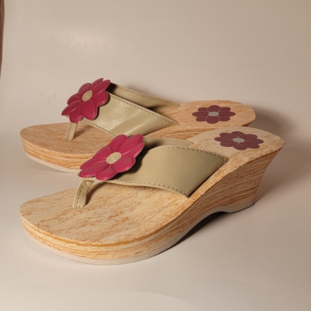 Women' Wedge Sandals Thongs Flip Flops Lightweight NEW Changeable Flowers 7-8.